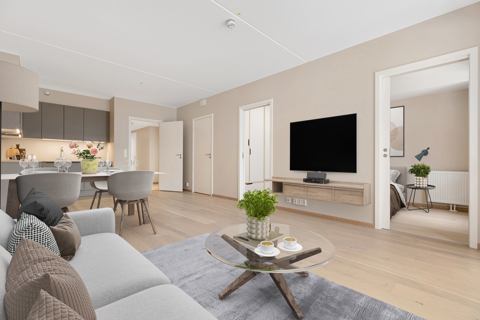 Åpen stue- og kjøkkenløsning. Bildet er digitalstylet. Galleribilde