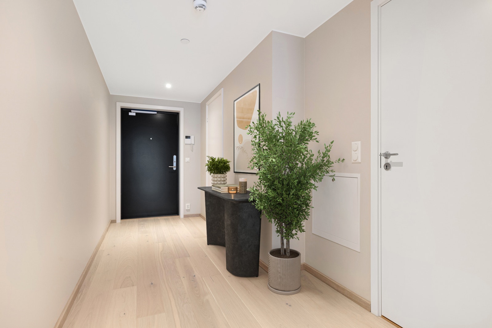 Innbydende entré/gang med flott eikeparkett på gulv. Bildet er digitalstylet. Galleribilde