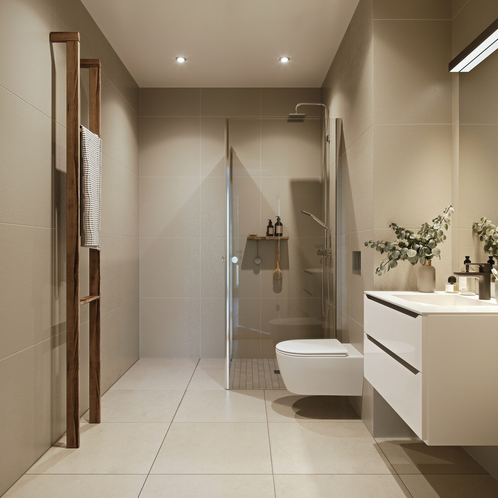 Soltunet har delikate bad med lune storformatfliser - Illustrasjonsfoto, avvik kan forekomme Galleribilde