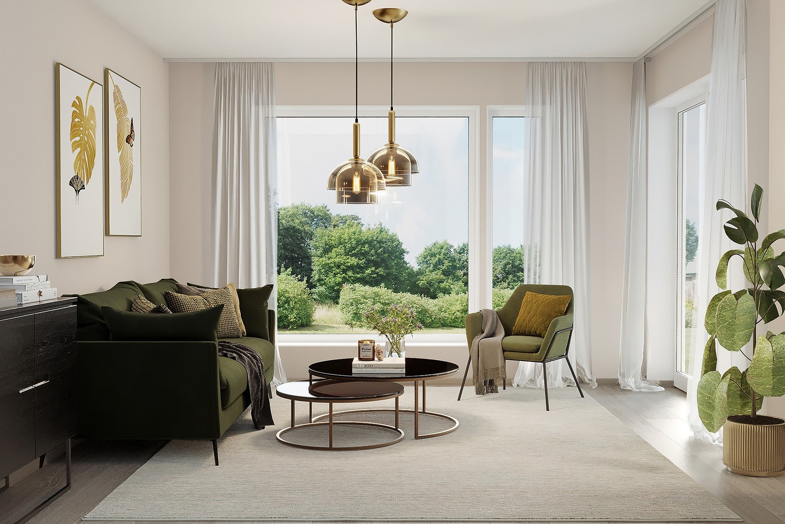 Stue med vindu mot øst, dør til terrasse. Galleribilde