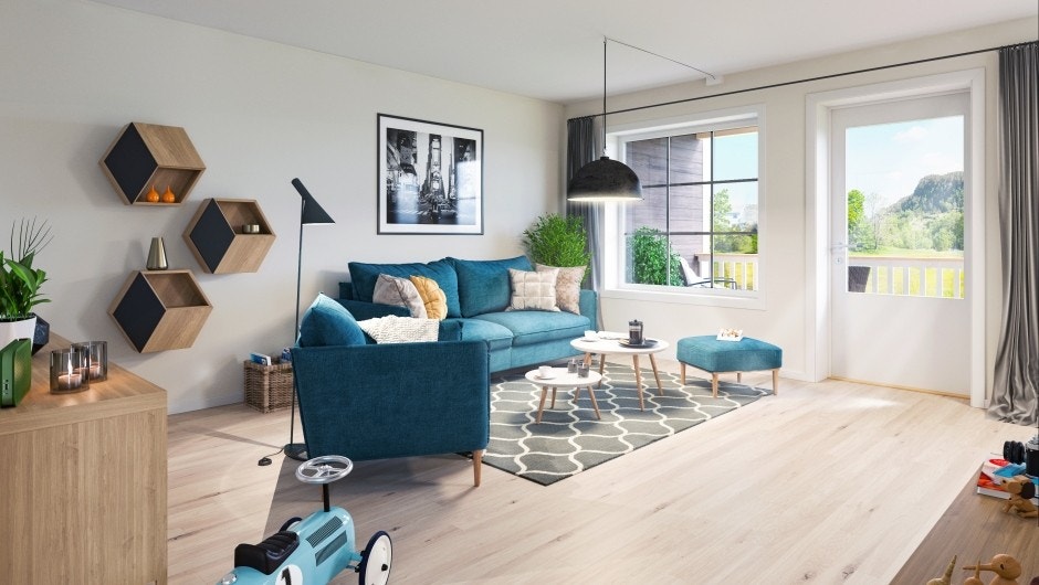 Stue med utgang til terrasse og egen plenflekk. Galleribilde