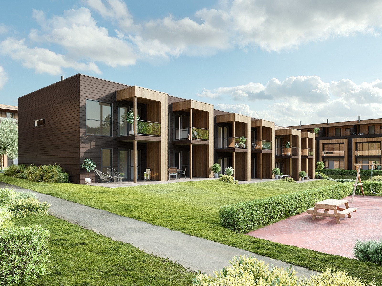 Flotte fellesareal med opparbeide lekeplasser og benker. Avvik kan forekomme på 3D illustrasjoner. Galleribilde