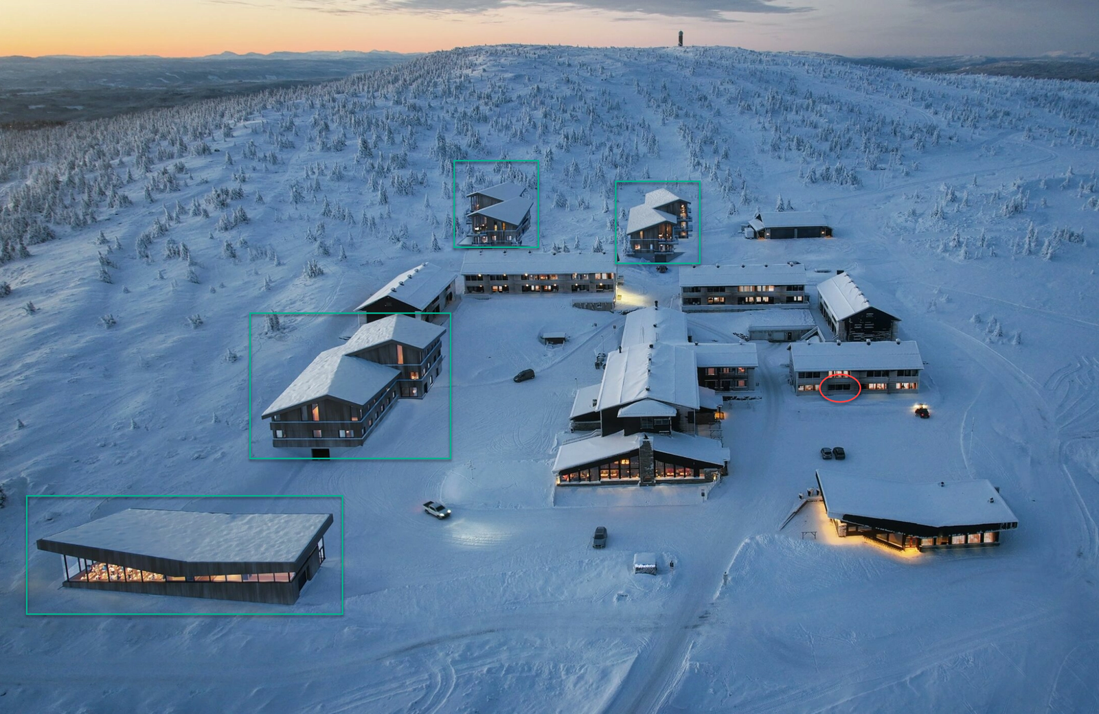 NYE Pellestova etter utbygging:
Rødmarkert = Vår leilighet
Grønnmarkert = Nybygg Galleribilde