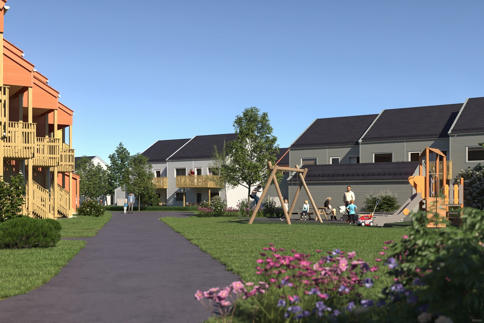 Barlindtunet har to tun med lekeplasser og benkeplass. Galleribilde