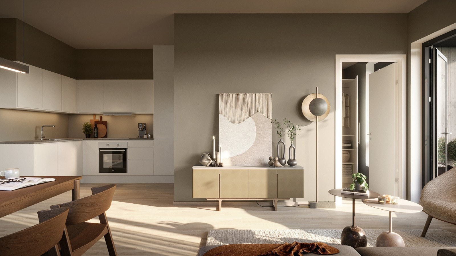 Stue og kjøkken i delvis åpen løsning. Vinkel på rommet gir gode møbleringsmuligheter. Galleribilde