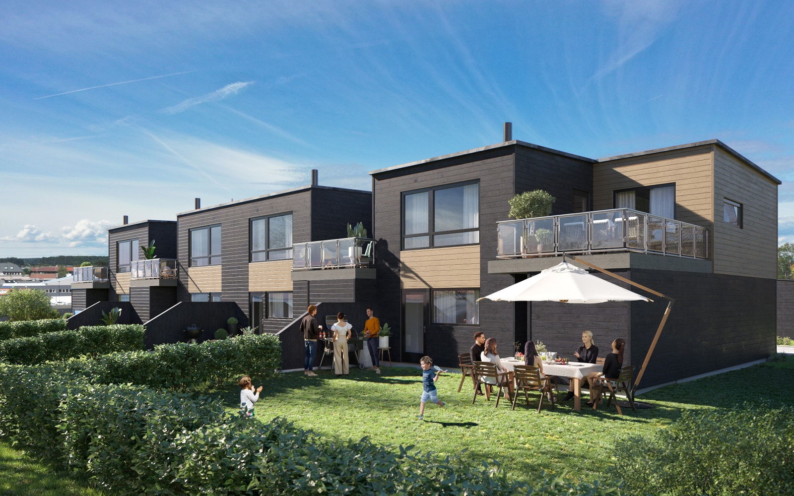 Her ser du de fire rekkehusene sett fra syd-vest. Galleribilde