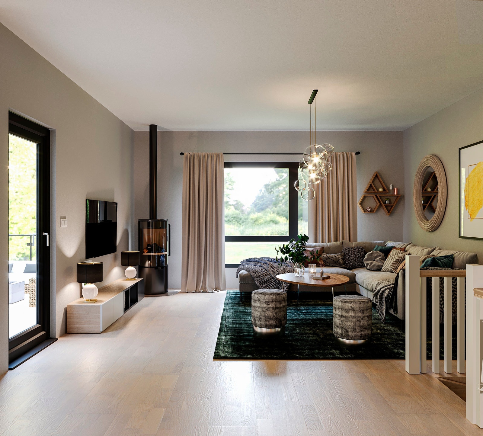 Luftig stue med store vinduesflater og peis. Utgang til terrasse. Galleribilde