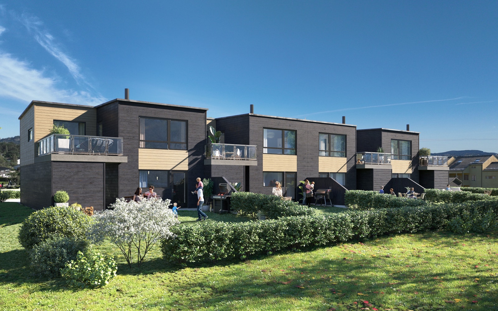 Her ser du de fire rekkehusene sett fra nord-vest. Galleribilde