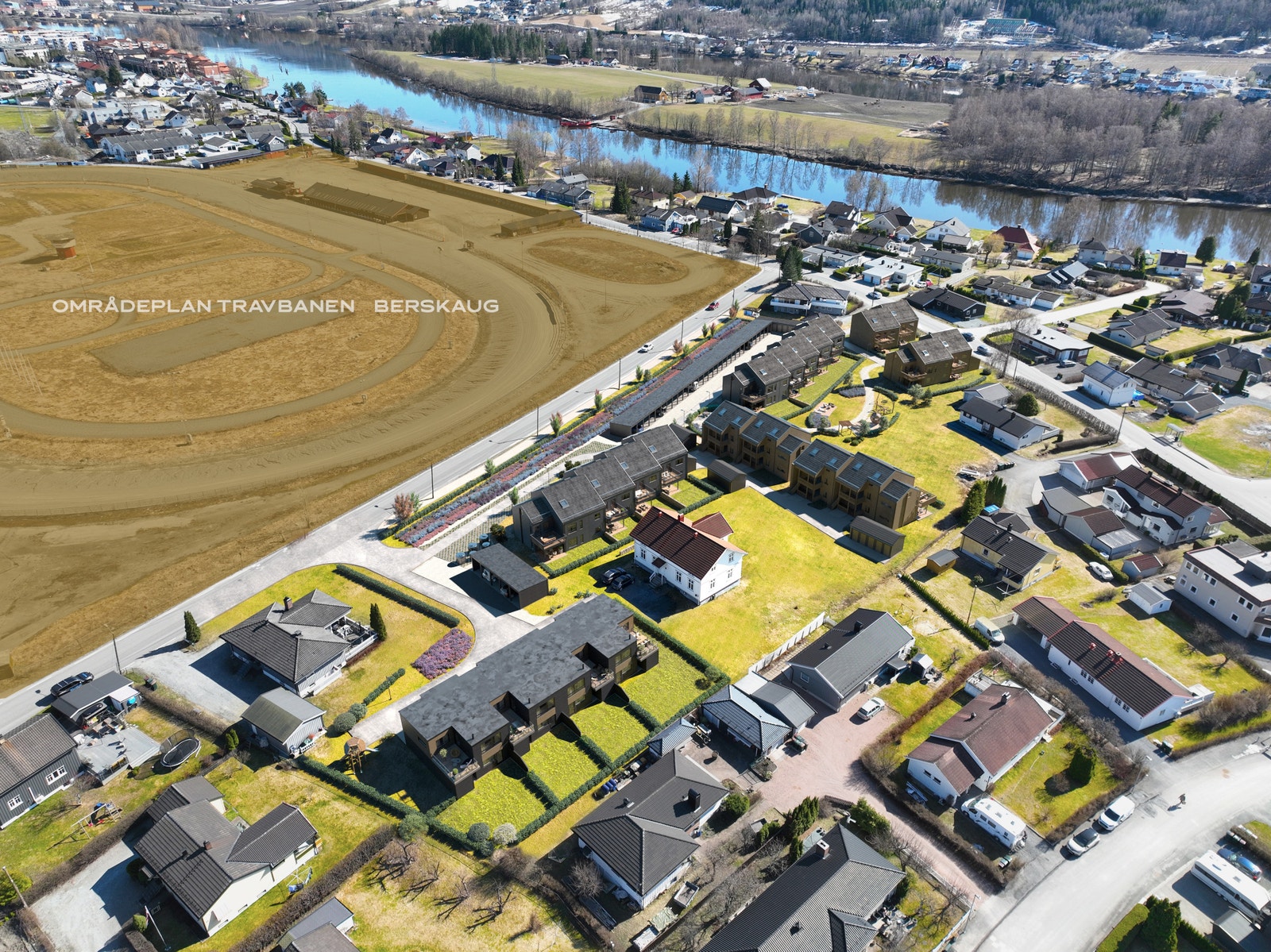 Oversikt over utbyggingen på området. De fire boligene som Traverenga består av ligger til venstre på bildet. Galleribilde