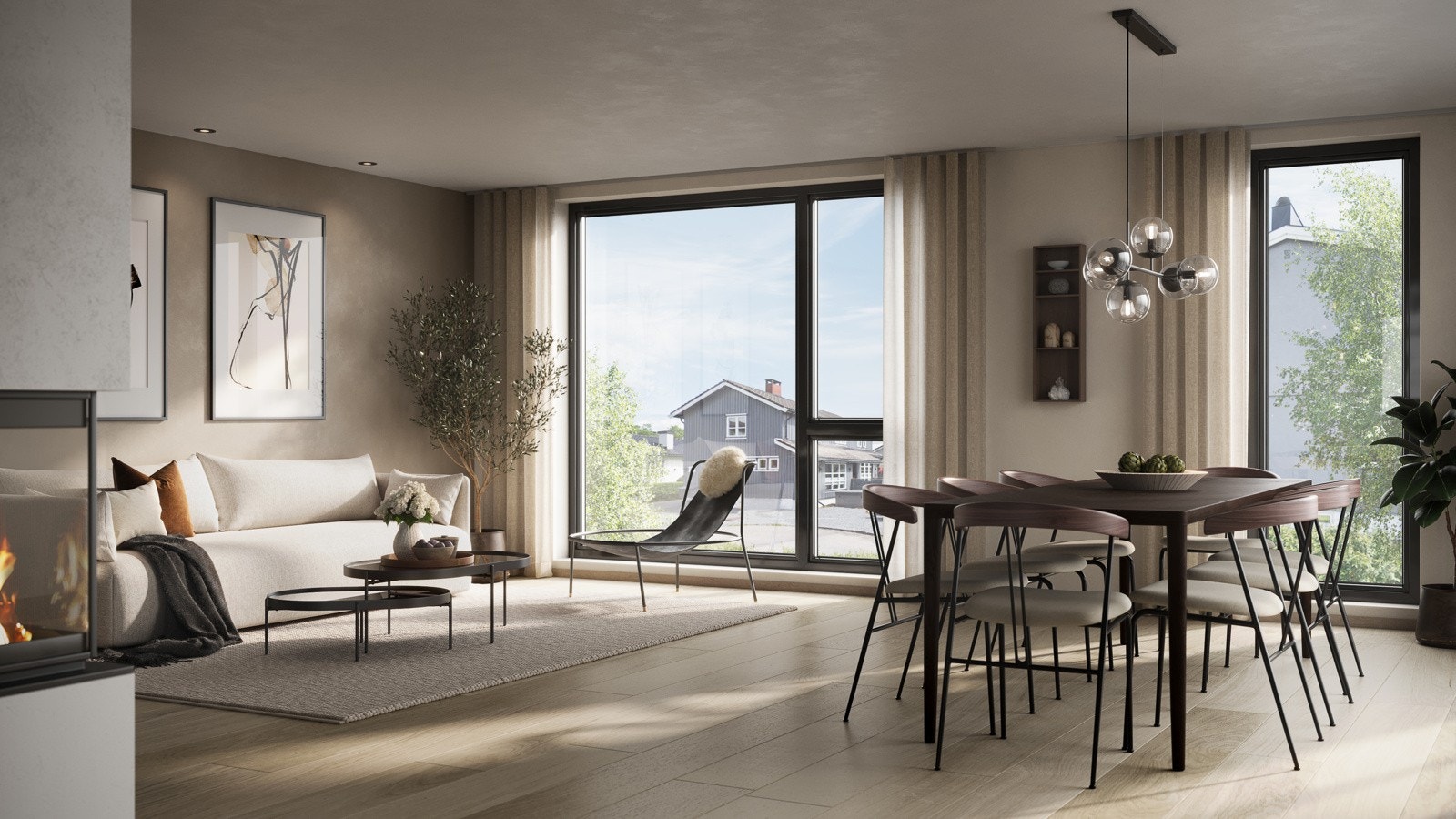 Illustrasjon av stue, med illustrert eksempel på interiør. Det vil forekomme avvik mellom illustrasjon og leveranse. Galleribilde