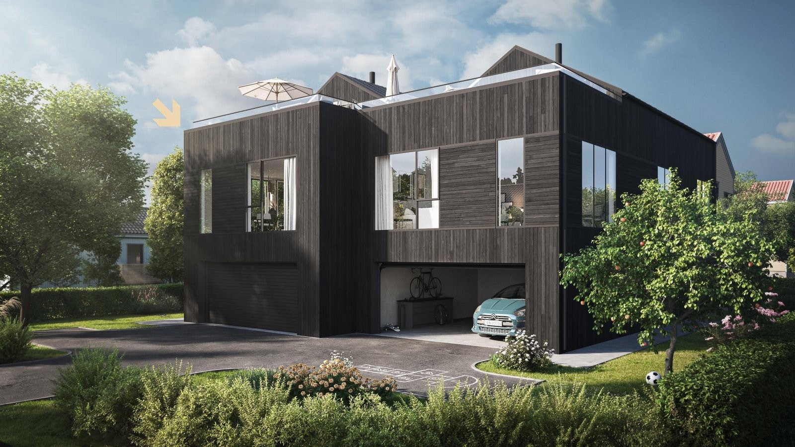 Illustrasjon avviker fra leveranse. Innkjørsel leveres med gruslagt innkjørsel samt ferdigplen. Uten trær og hekk. Galleribilde