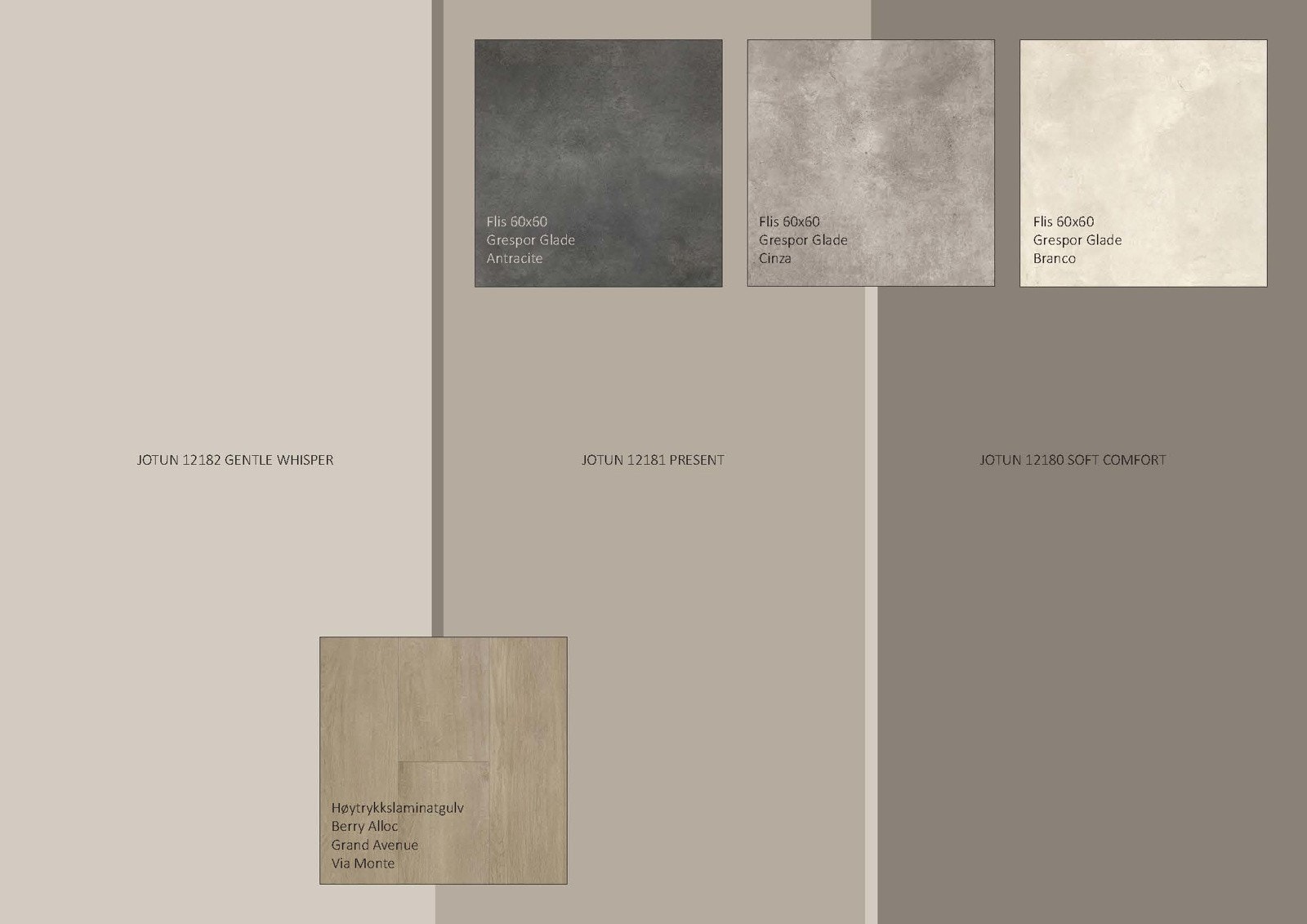 Kvass Arkitekter har utformet interiørpalett tilpasset boligen - se vedlegg for forslag. Vegger kan males i opptil 2 valgfrie farger, inkludert i leveransen. Galleribilde