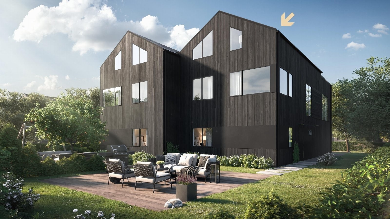 Illustrasjon avviker fra leveranse. Uteområdet til tomten vil kun bli levert med ferdigplen, uten platting, trær, hekk, blomster/bed. Galleribilde