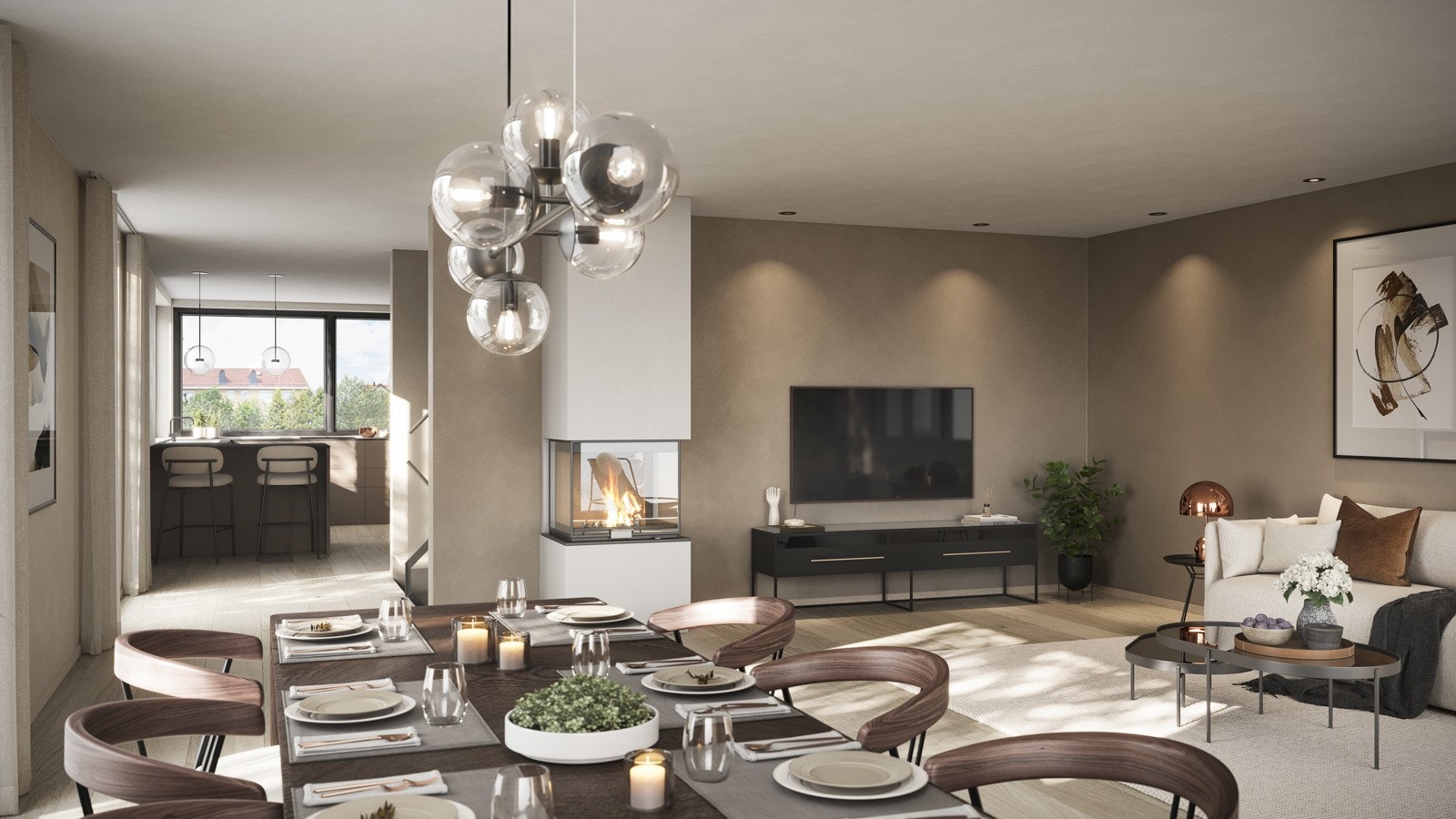 Illustrasjon av stue, med illustrert eksempel på interiør. Det vil forekomme avvik mellom illustrasjon og leveranse. Galleribilde