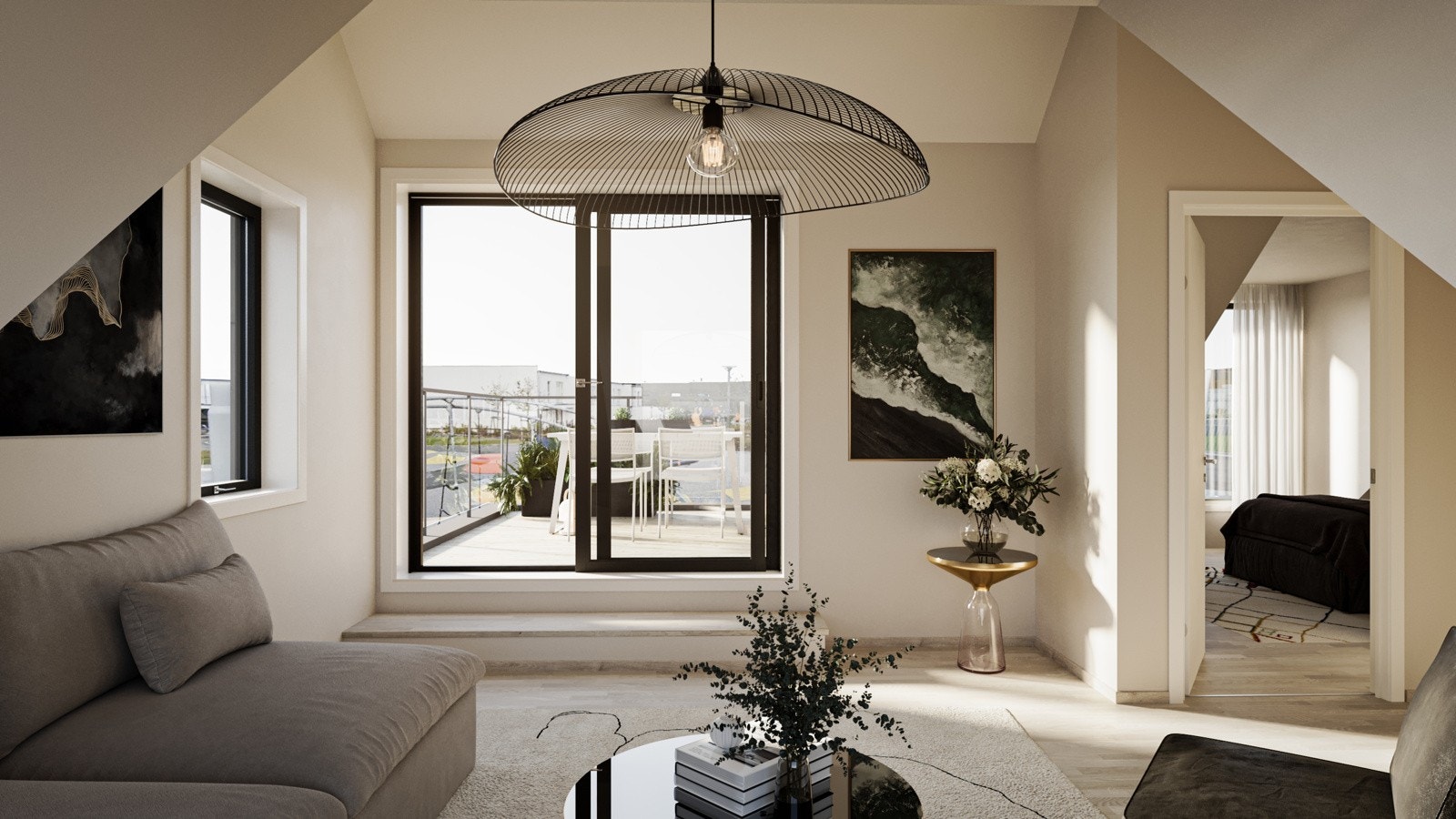 I loftstuen har du godt med naturlig lys. Utgang til terrasse og luftig utsikt. Galleribilde