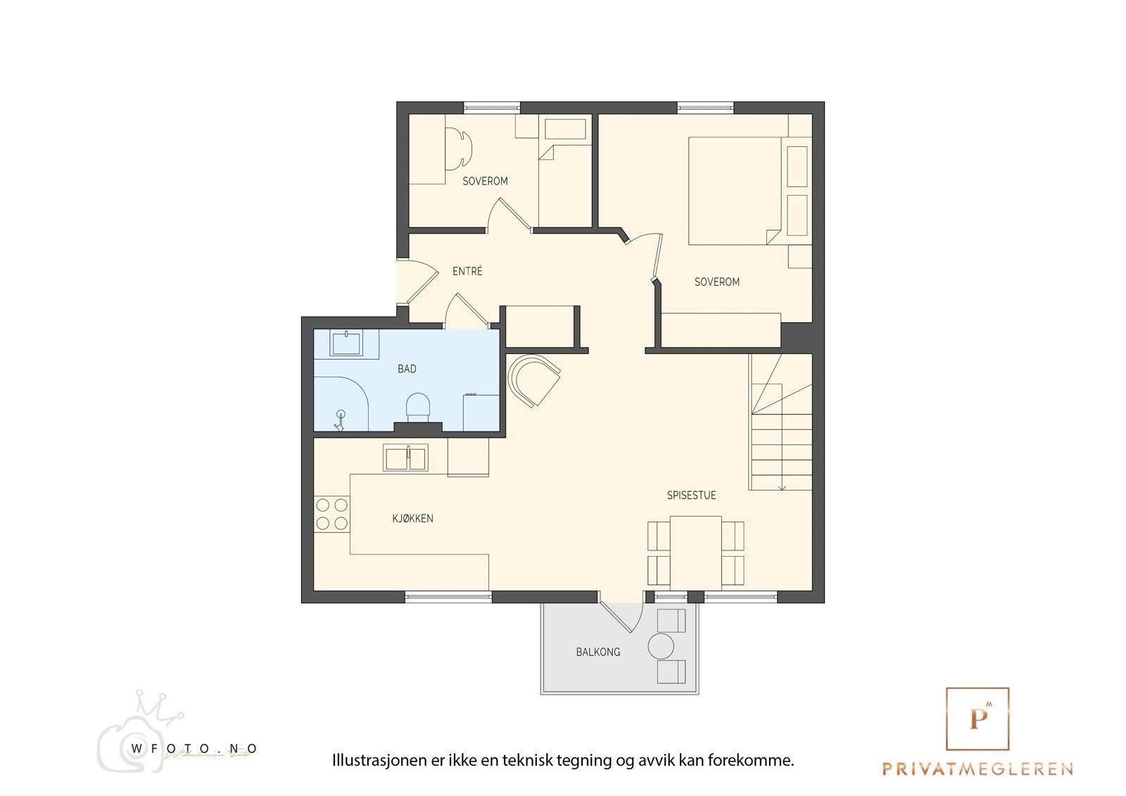 Leiligheten går over to plan. Her er plantegning av 1. etasje. Galleribilde