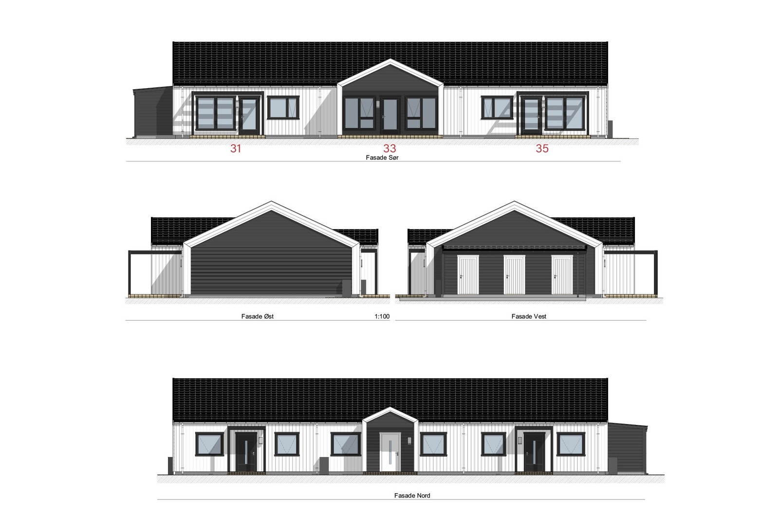 Fasader fra nabohus. Gjeldene bolig er lik, men med sportsboder på motsatt side. Galleribilde