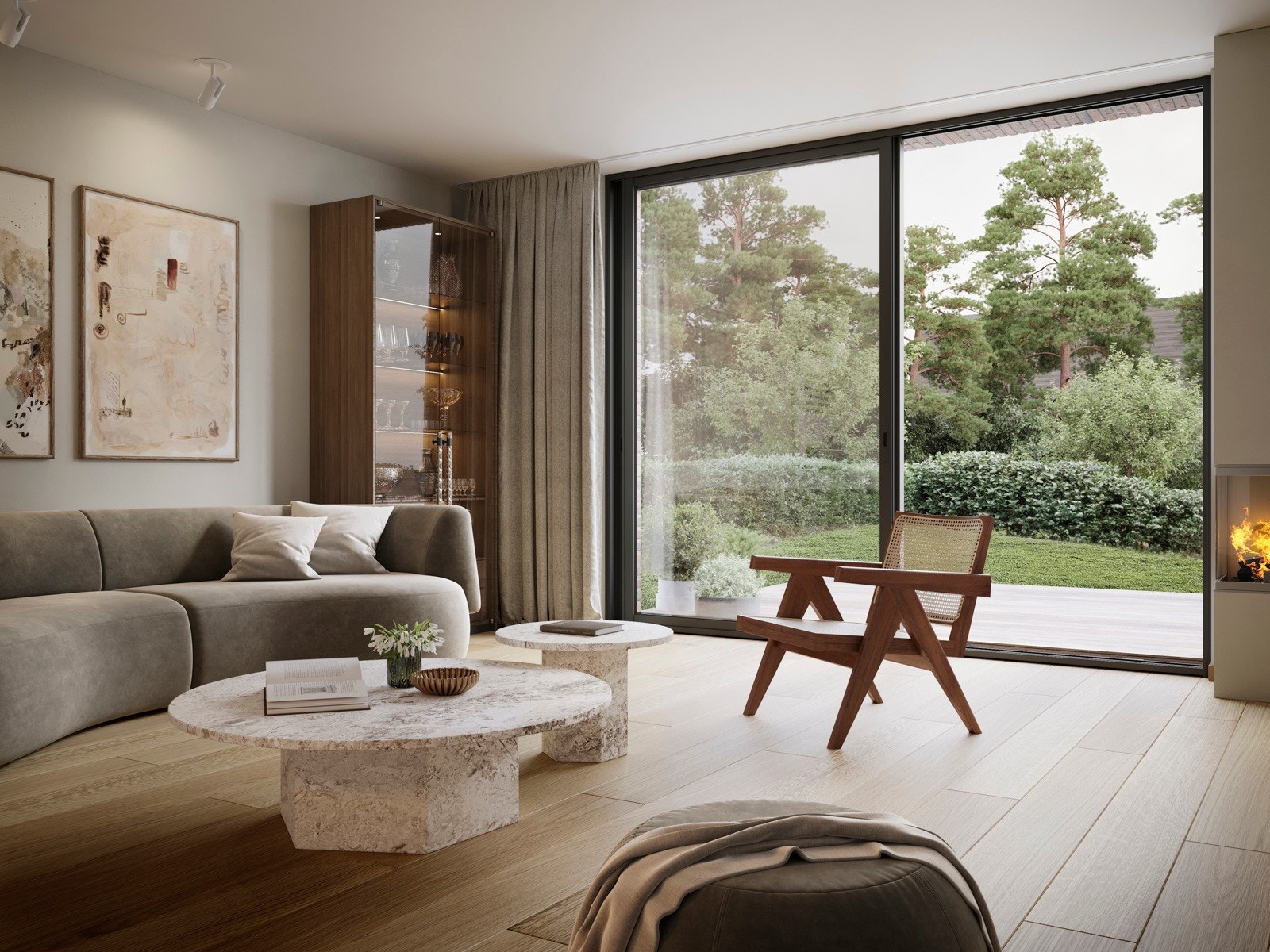 Herlige oppholdsrom. Skyvedører ut mot hageareal - Illustrasjon er av illustrativ karakter og angir nødvendigvis ikke korrekt gjengivelse av elementer i boligene. Galleribilde