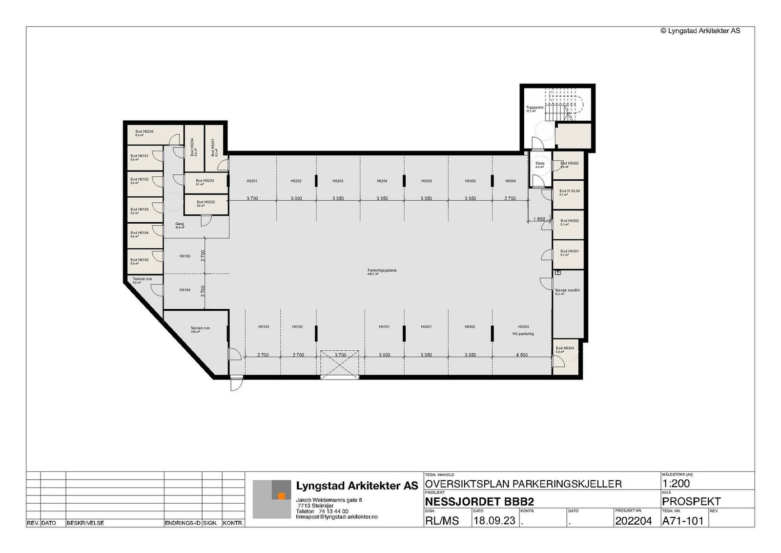 Oversikt P-plasser i underetasje/p-kjeller. Heisadkomst opp til svalgang for adkomst leilighet. Galleribilde
