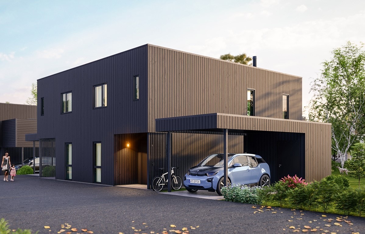 Overbygget inngangsparti. Carport med sportsbod. Galleribilde