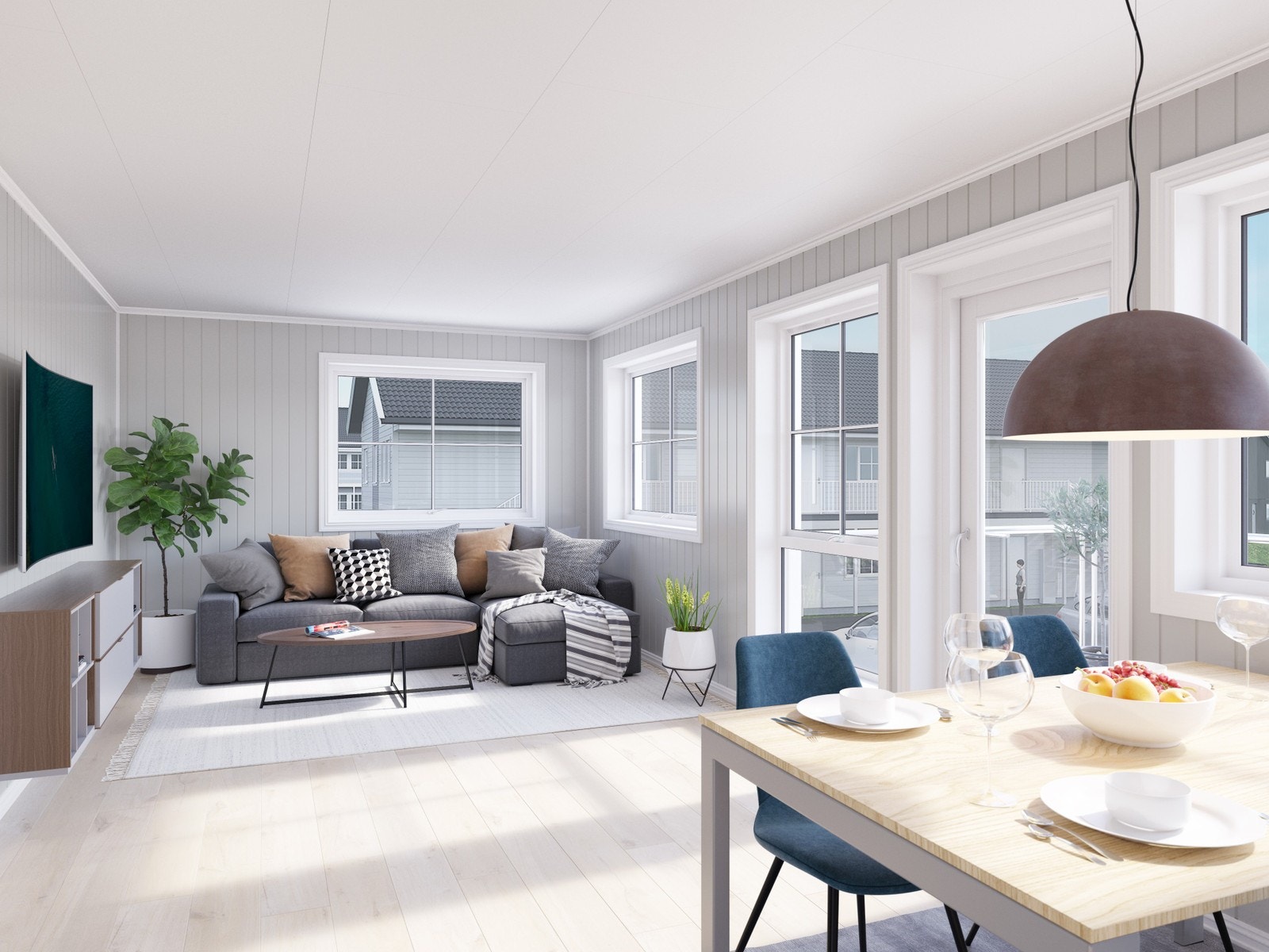 Åpen stue- og kjøkkenløsninga med store vindusflater, noe som gir et lyst og trivelig førsteinntrykk. Fra stua er det utgang til markplatt. Illustrasjon, avvik forekommer. Galleribilde