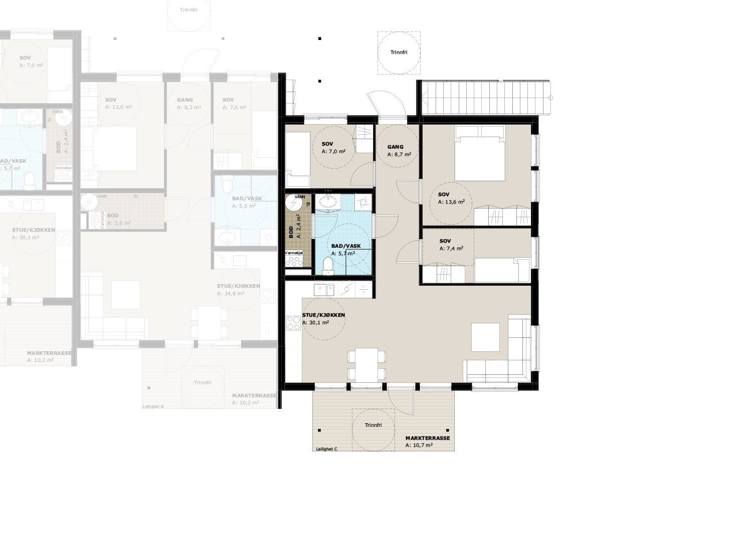 Plantegning leilighet C, 1. etasje Galleribilde