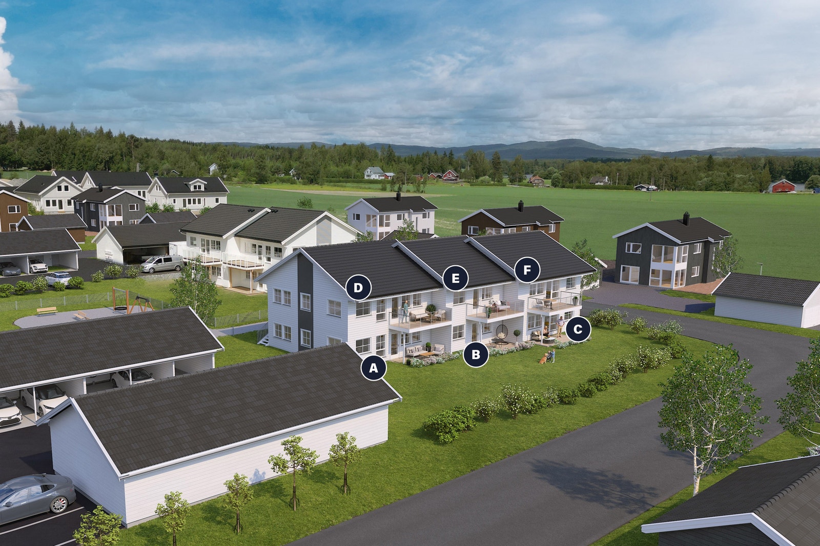 Leiligheter bygg 4. Bygget består av 6 leiligheter fordelt på to etasjer, første byggetrinn av de tre. Galleribilde