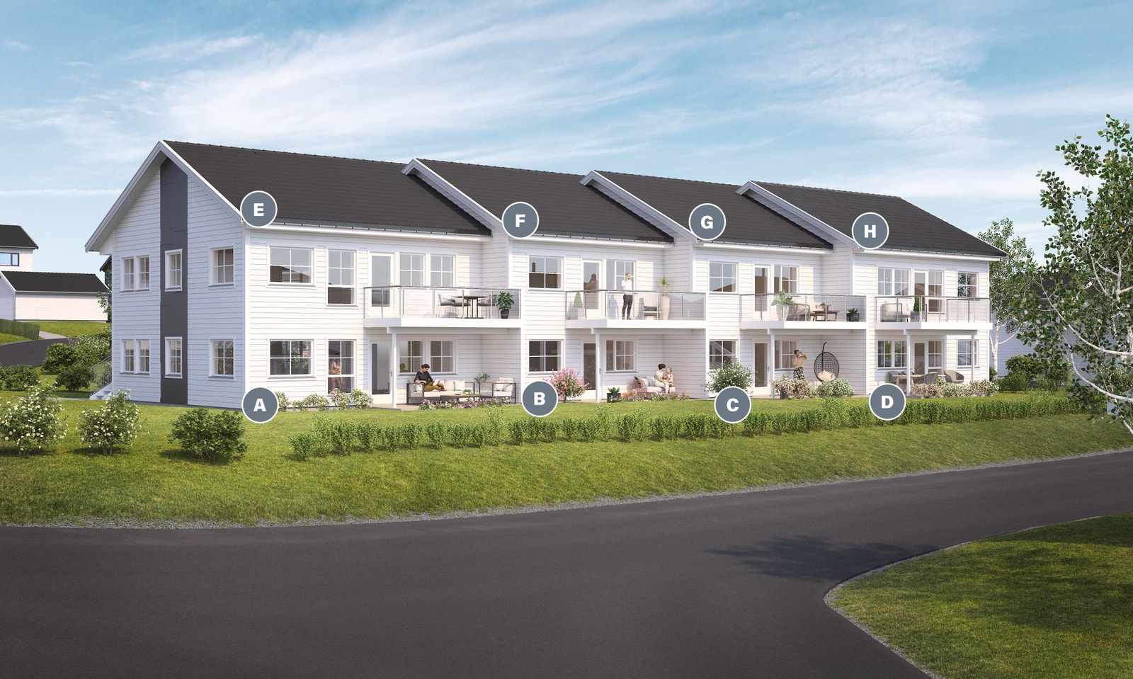 Leiligheter bygg 5. Bygget består av 8 leiligheter fordelt på to etasjer, kommer for salg. Galleribilde