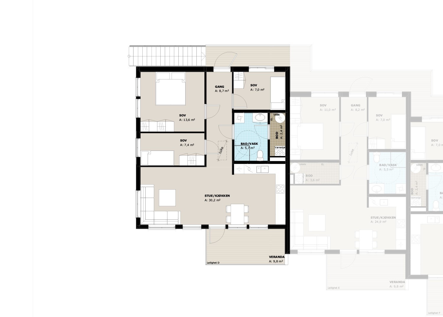 Plantegning leilighet D, 2. etasje Galleribilde