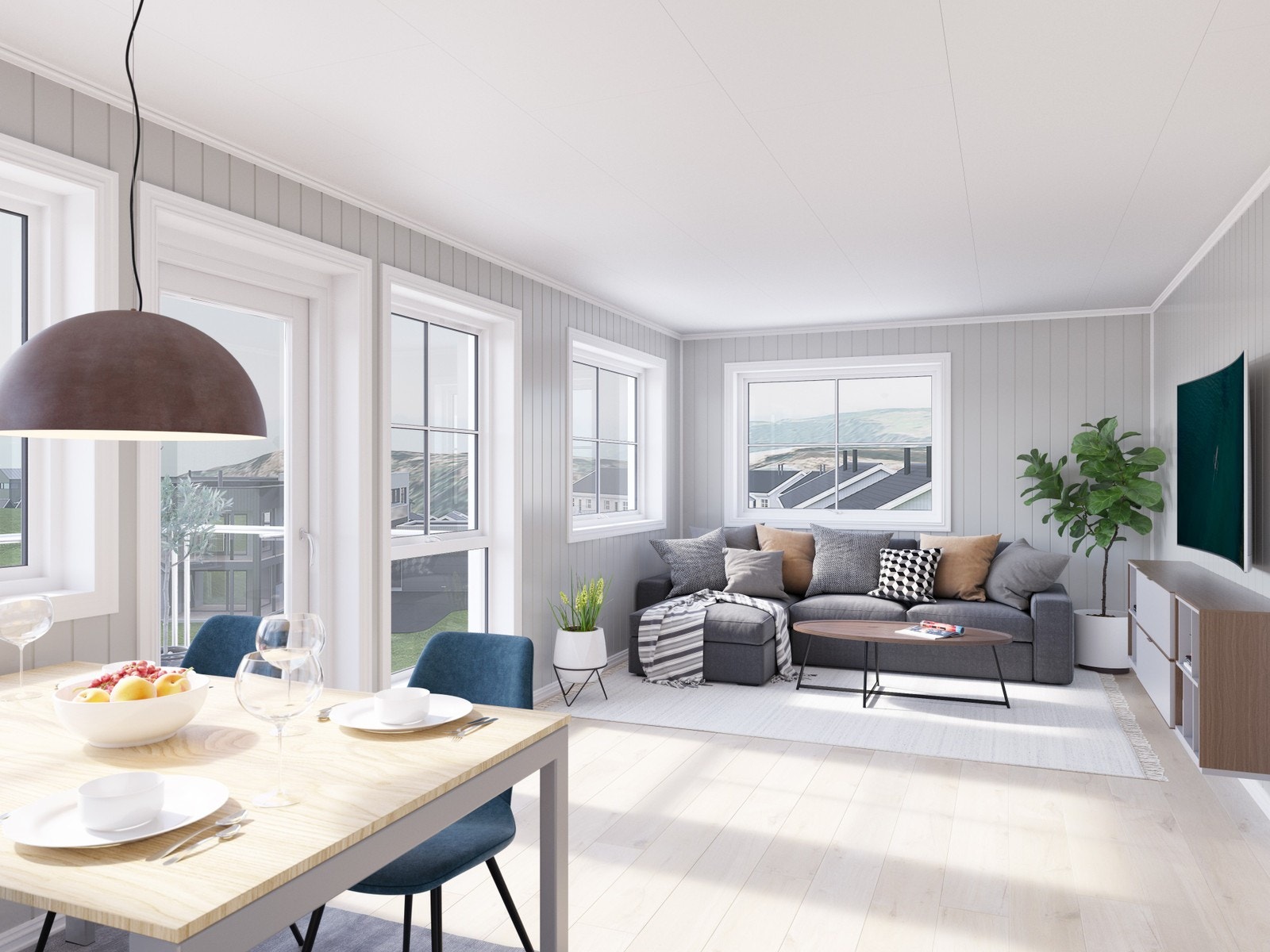 Åpen stue- og kjøkkenløsninga med store vindusflater, noe som gir et lyst og trivelig førsteinntrykk. Fra stua er det utgang til markplatt. Illustrasjon, avvik forekommer. Galleribilde