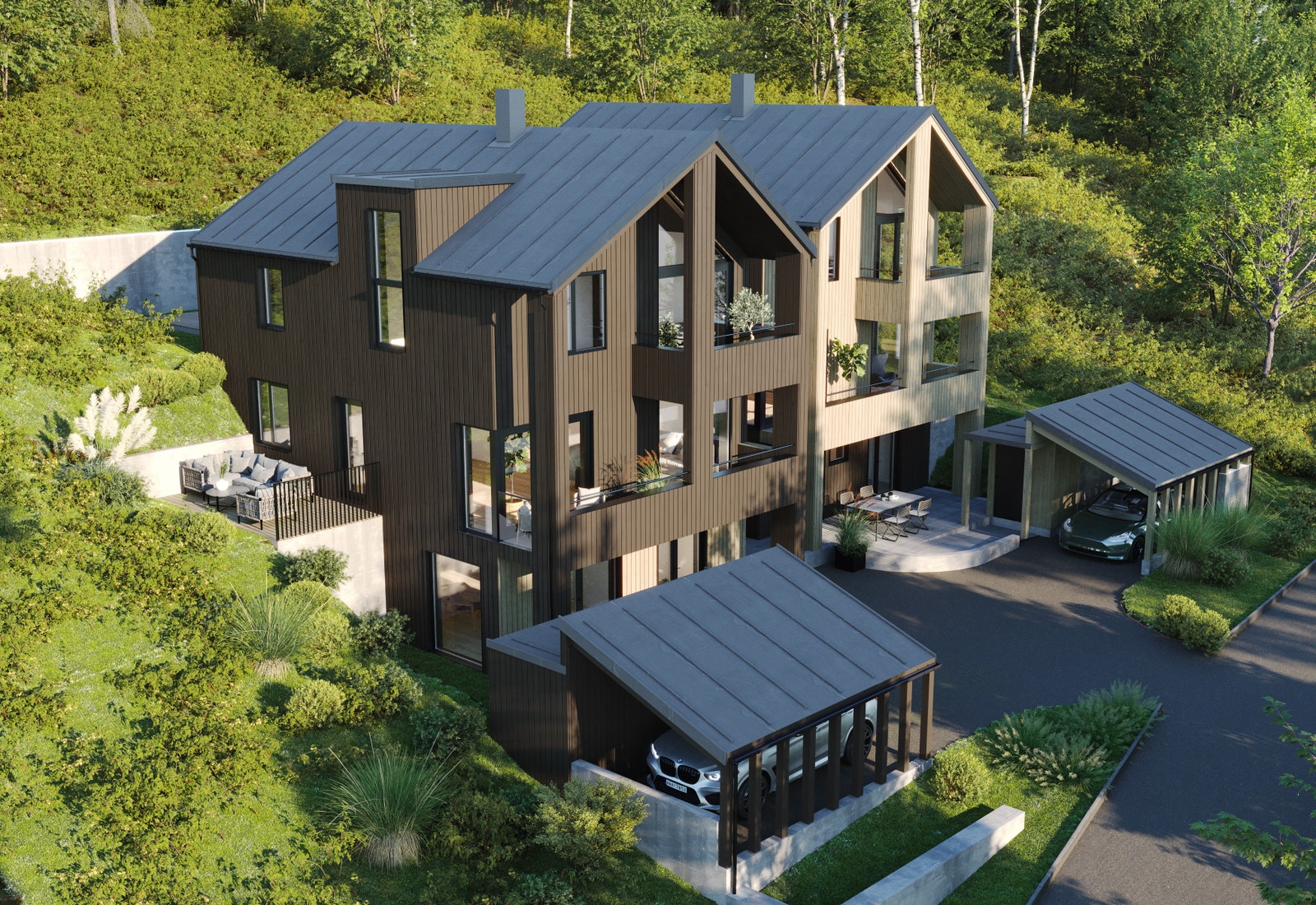 Utvendig illustrasjon av boligene. Boligene er tegnet i samarbeid med Bruket arkitektur. Begge boligen har flere fine uteområder og kommer med tilknyttet carport. Galleribilde