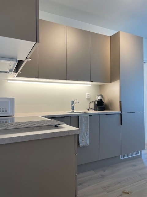 Nytt og lekkert og svært velutstyrt kjøkken.. New, stylish kitchen with all kinds of kitchen utencils and equipment. Galleribilde