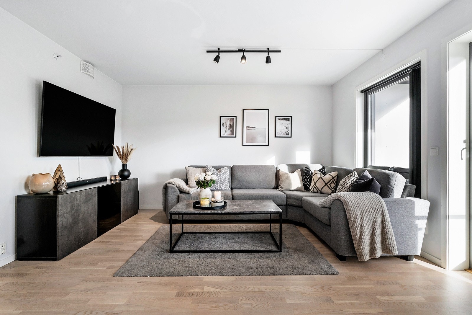 Plass til sofa- og spisegruppe. I taket er det spotterrekke for ekstra lys. Galleribilde