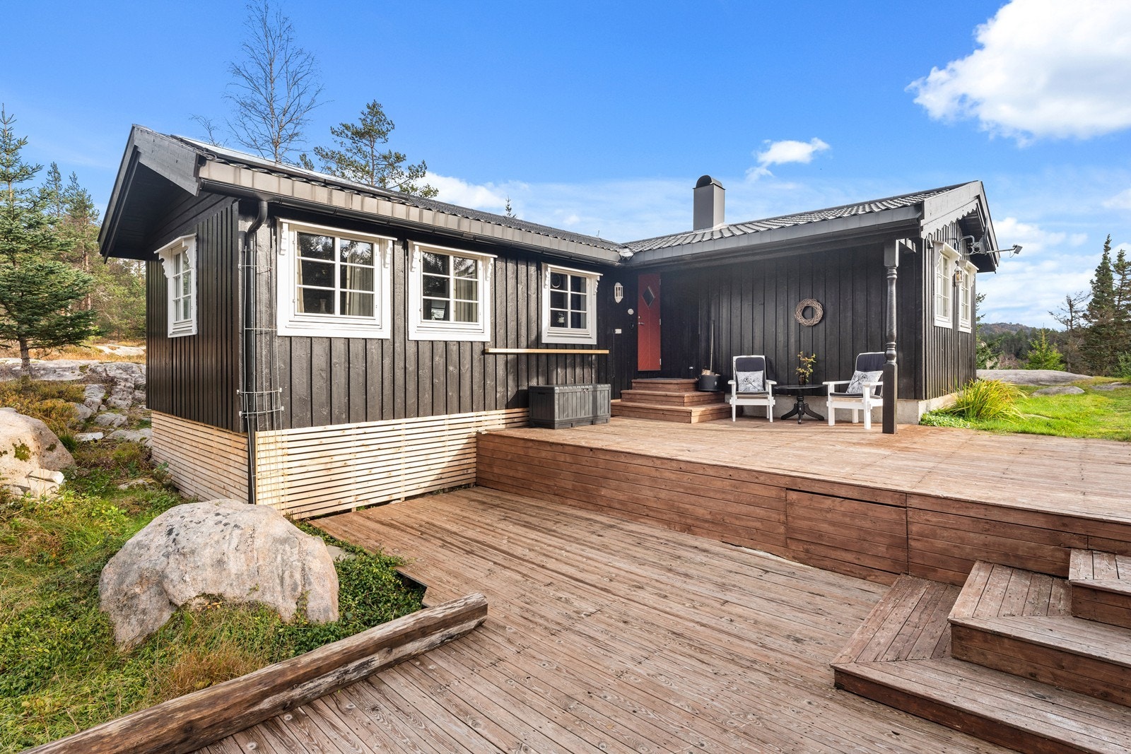 Hytta har solcellepanel på tak og aggregat for strøm.Det er sommervann som hentes fra en foss i nærheten. Galleribilde