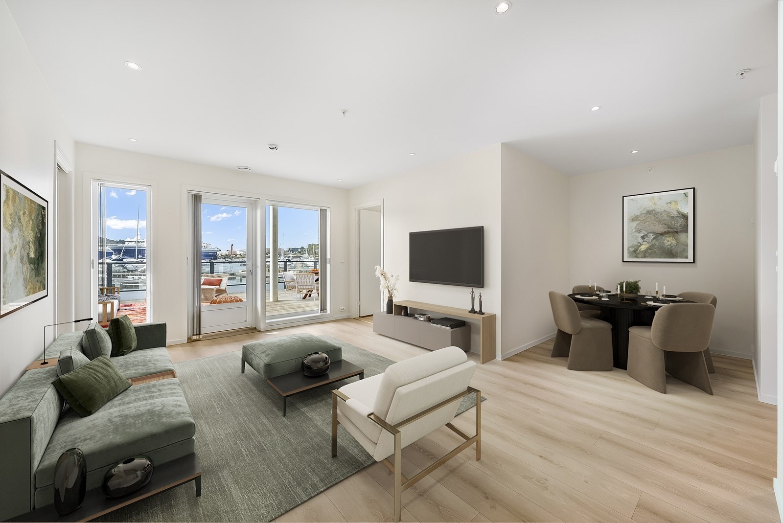 Virtuelt møblert stue som viser hvordan leiligheten kan se ut. Galleribilde