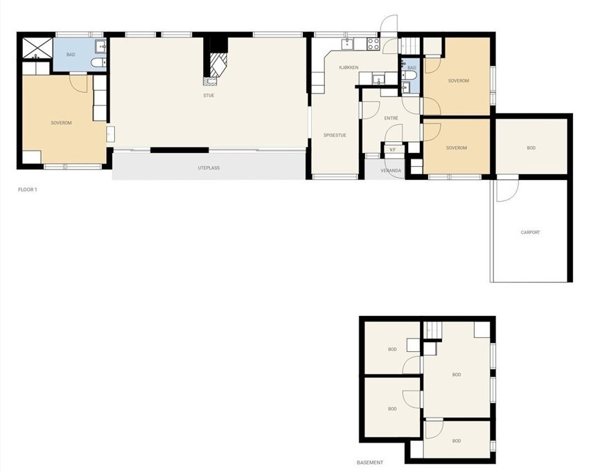 Plantegning 1. etg. og kjeller Galleribilde