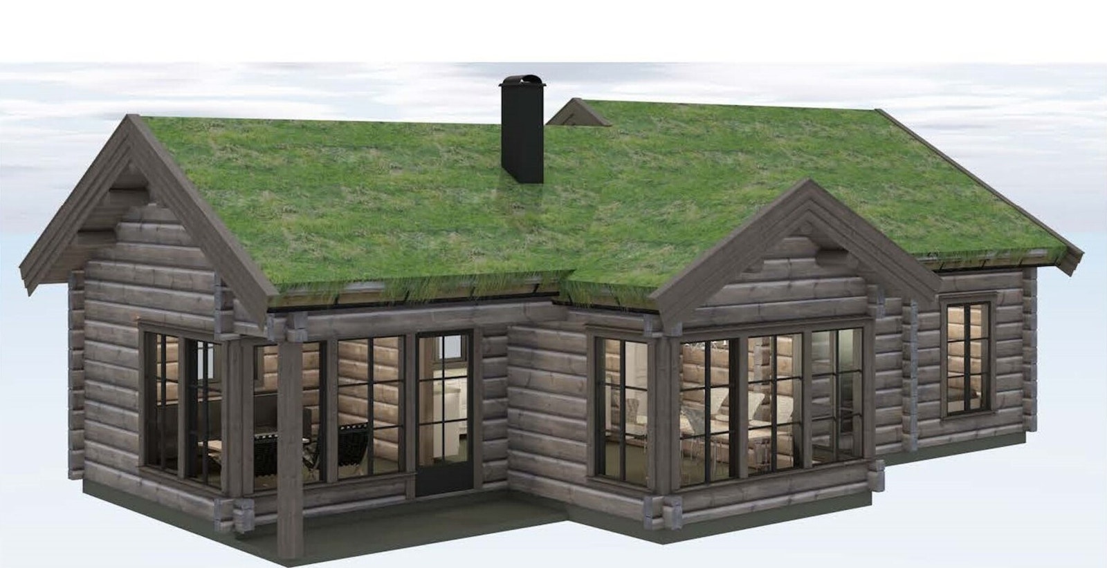 Illustrasjon fasade med utgang til veranda og vinkelutbygg Galleribilde