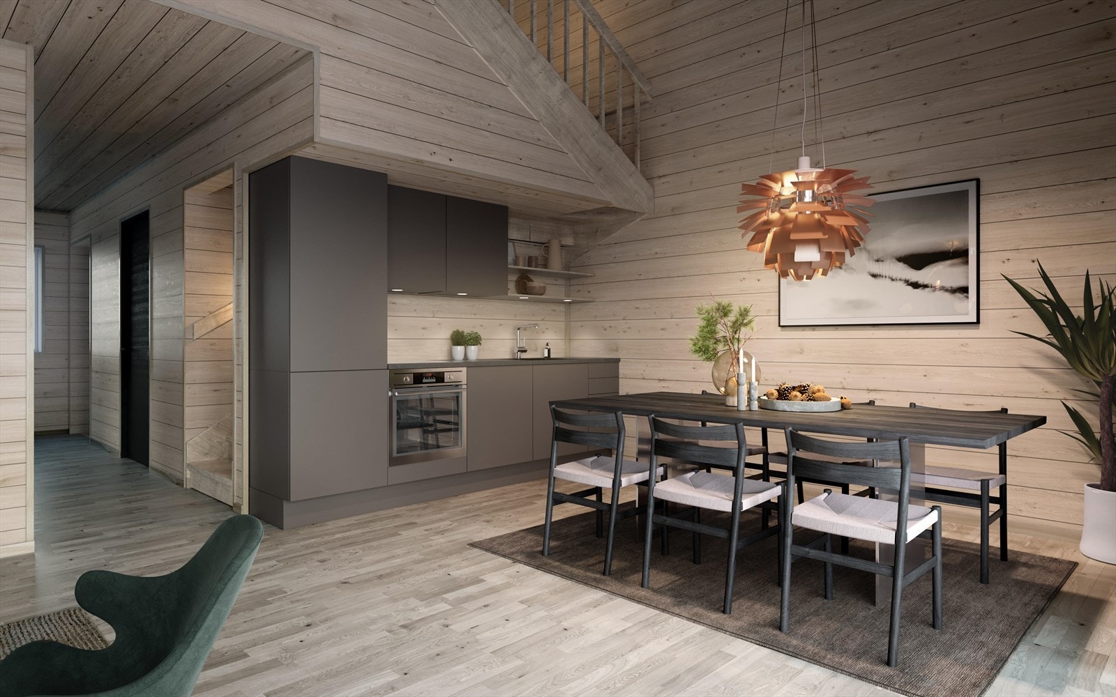 I den sosiale sona er det plass til sofagruppe og spisebord. Den flotte kjøkkeninnredningen er levert fra Sigdal i en rolig dus gråfarge med slette fronter.
Illustrasjon - avvik vil forekomme. Galleribilde