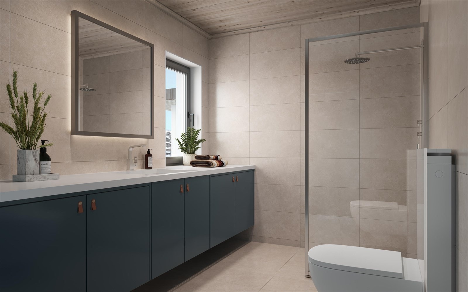 Badet er delikat med beige fliser. Baderomsinnredningen er fra Sigdal.
Illustrasjon - avvik vil forekomme. Galleribilde