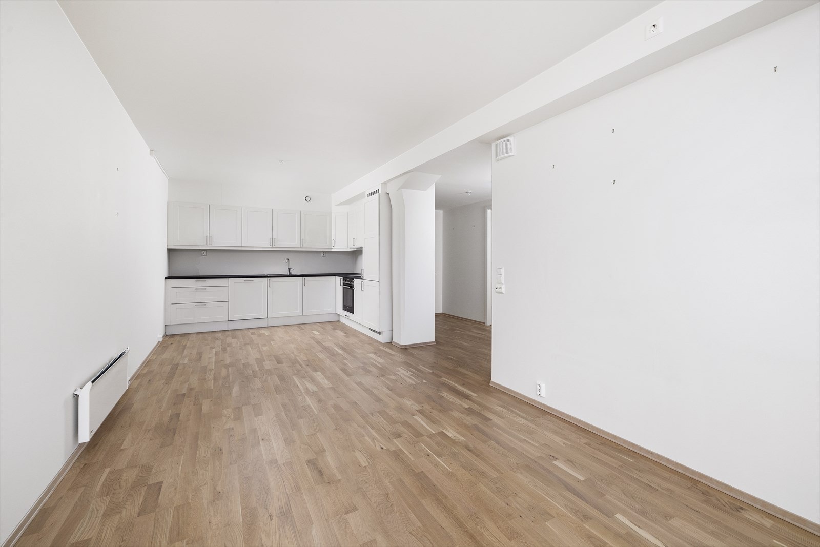 Leiligheten har en åpen løsning mellom stue og kjøkken. Galleribilde