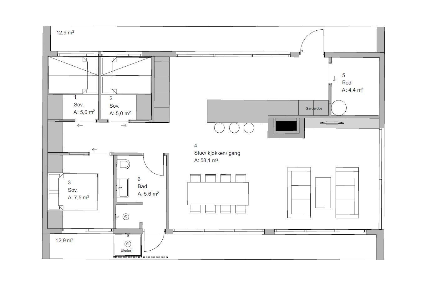 Plantegning med 3 soverom Galleribilde