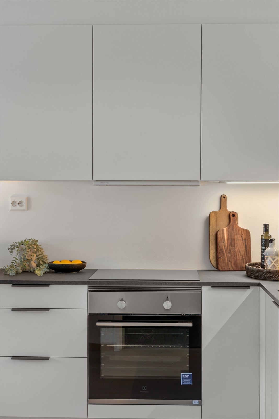 Lys under overskap, ventilator med mekanisk avtrekk.
Integrerte hvitevarer som komfyr, induksjon platetopp,
og oppvaskmaskin. Det er montert komfyrvakt over platetopp. Galleribilde