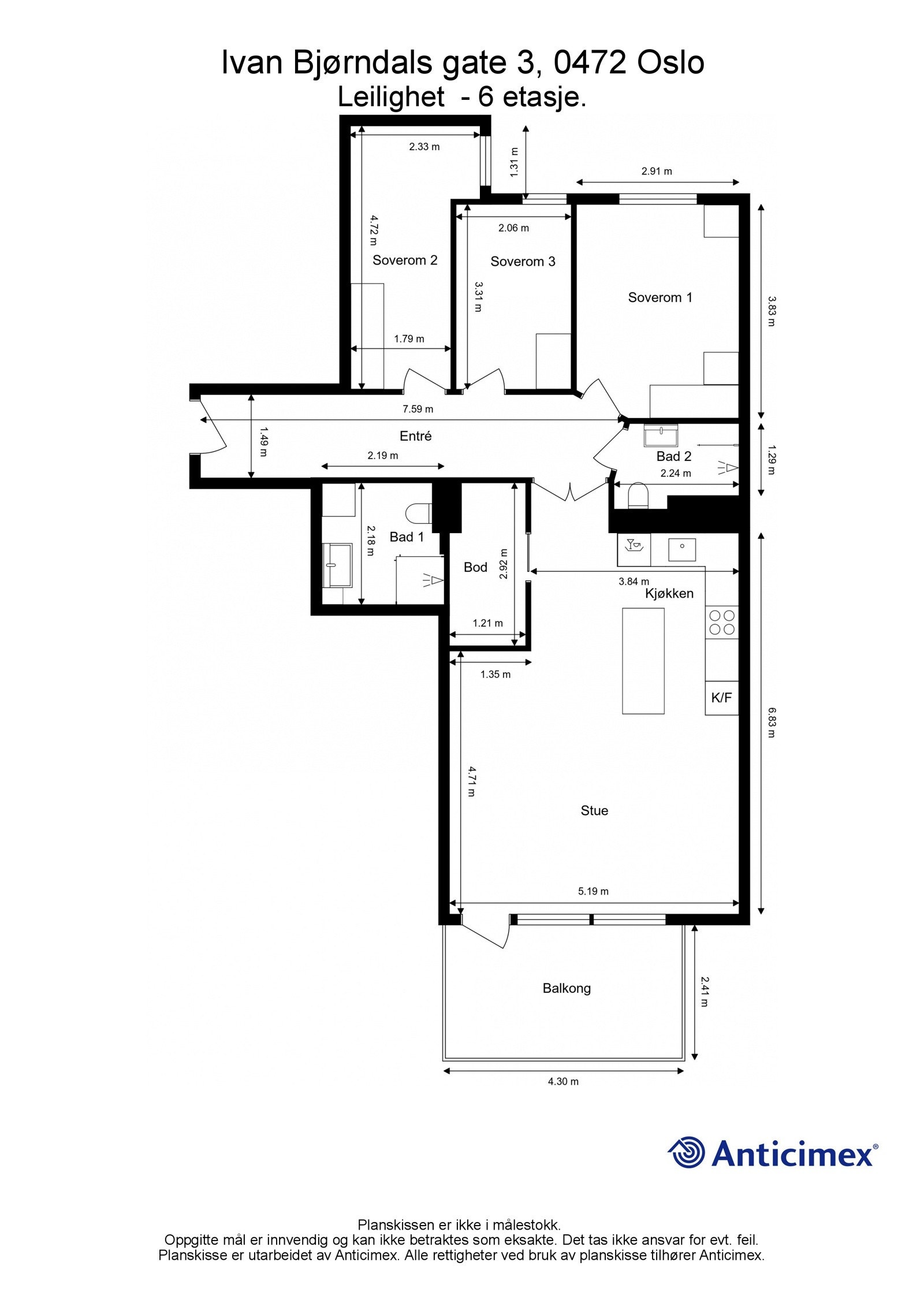 Plantegning. I tillegg disponerer leiligheten en bod på ca. 5,5m² i 1. etasje, samt en stor garasjeplass med elbil-lader i nabobygget. Galleribilde