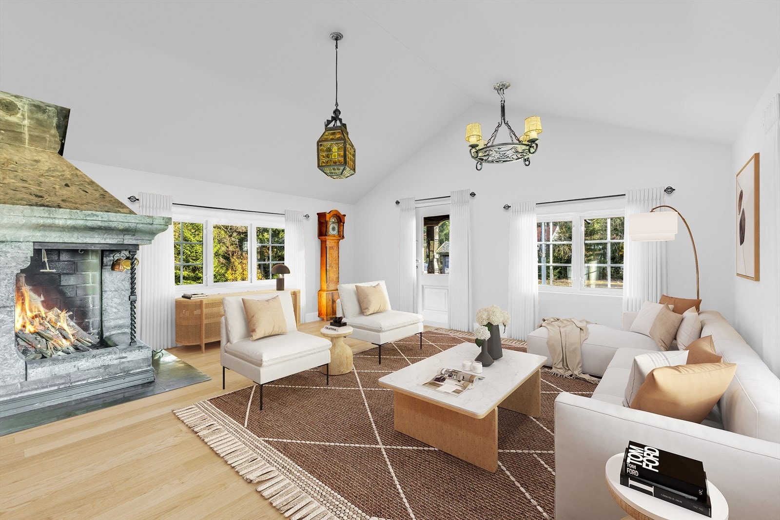 Skulle du ønske en litt mer moderne utforming av stuen kan gipsplater settes på og rommet kan f.eks bli slik som på dette bildet med digital styling. Galleribilde