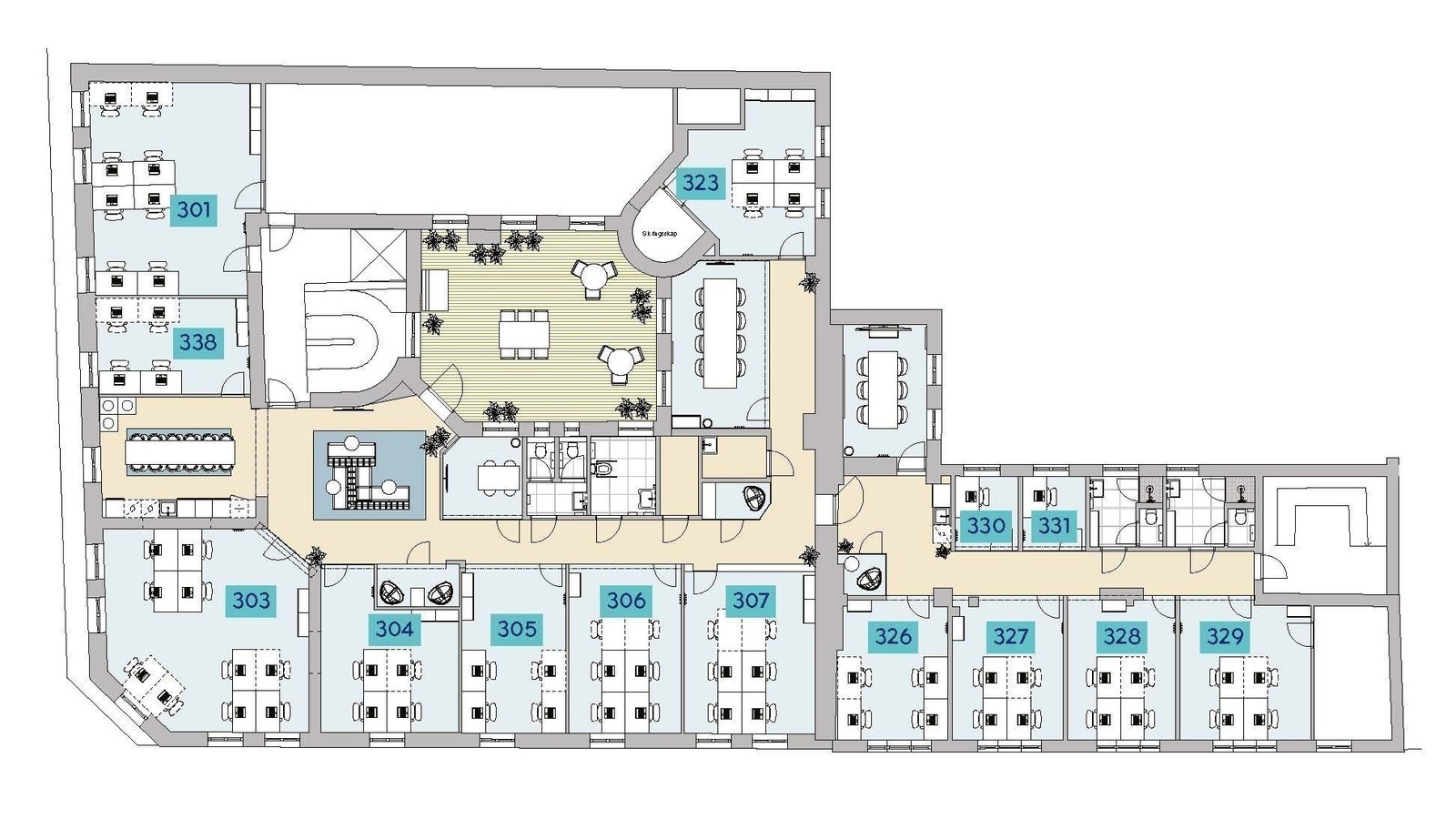 Planløsning. Kontor 301 og 306 er ledig. Galleribilde
