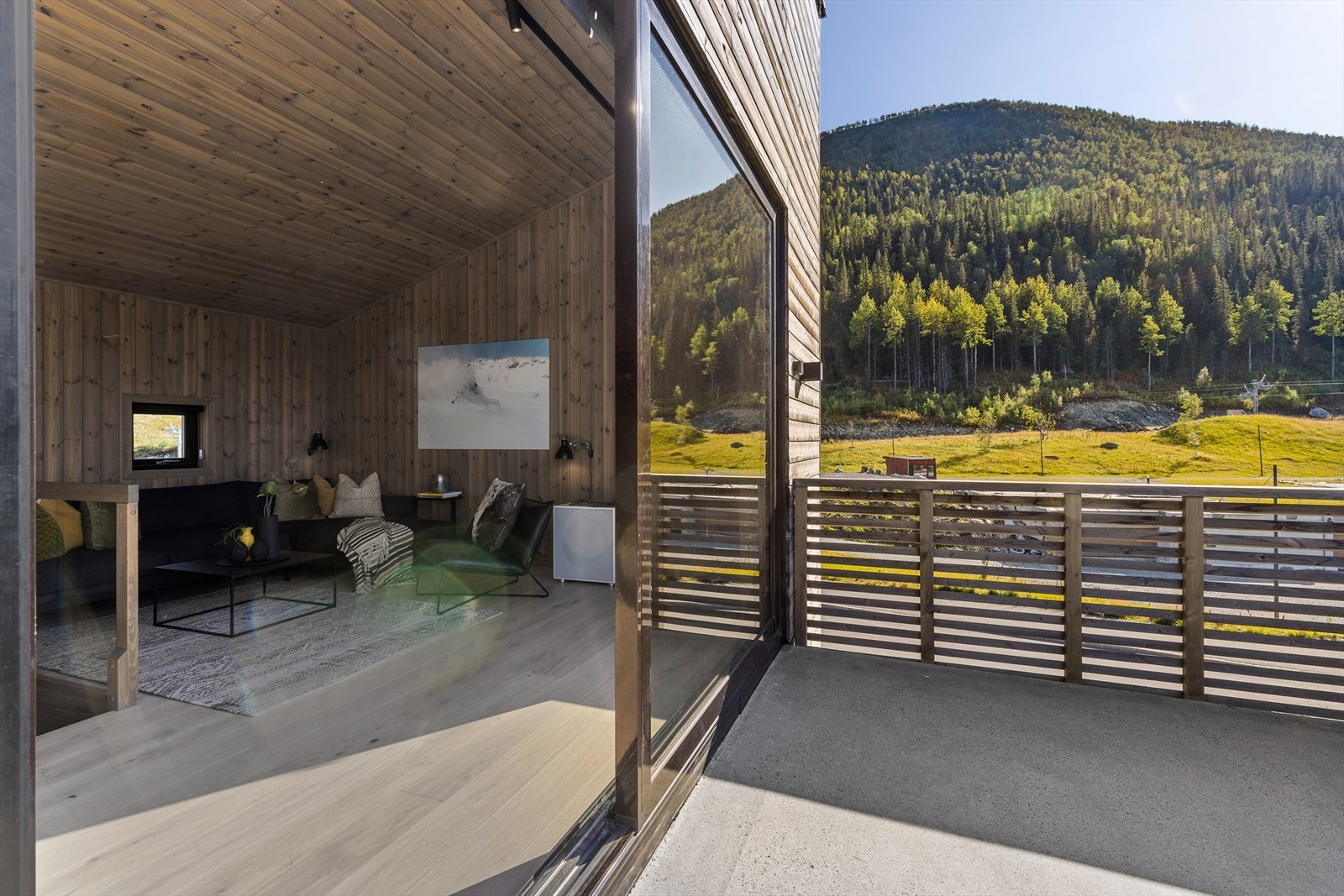 Store vindusflater med åpning mot terrasse gir en følelse av å få fjellet inn i hytta. Galleribilde