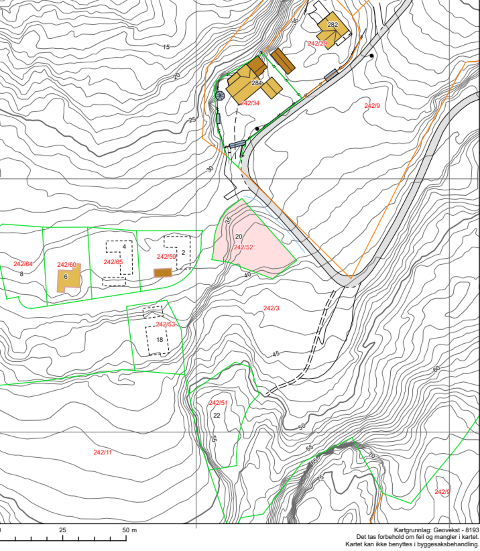 Kartutsnitt fra matrikkelkart - Tomta er på 584 kvm. Galleribilde