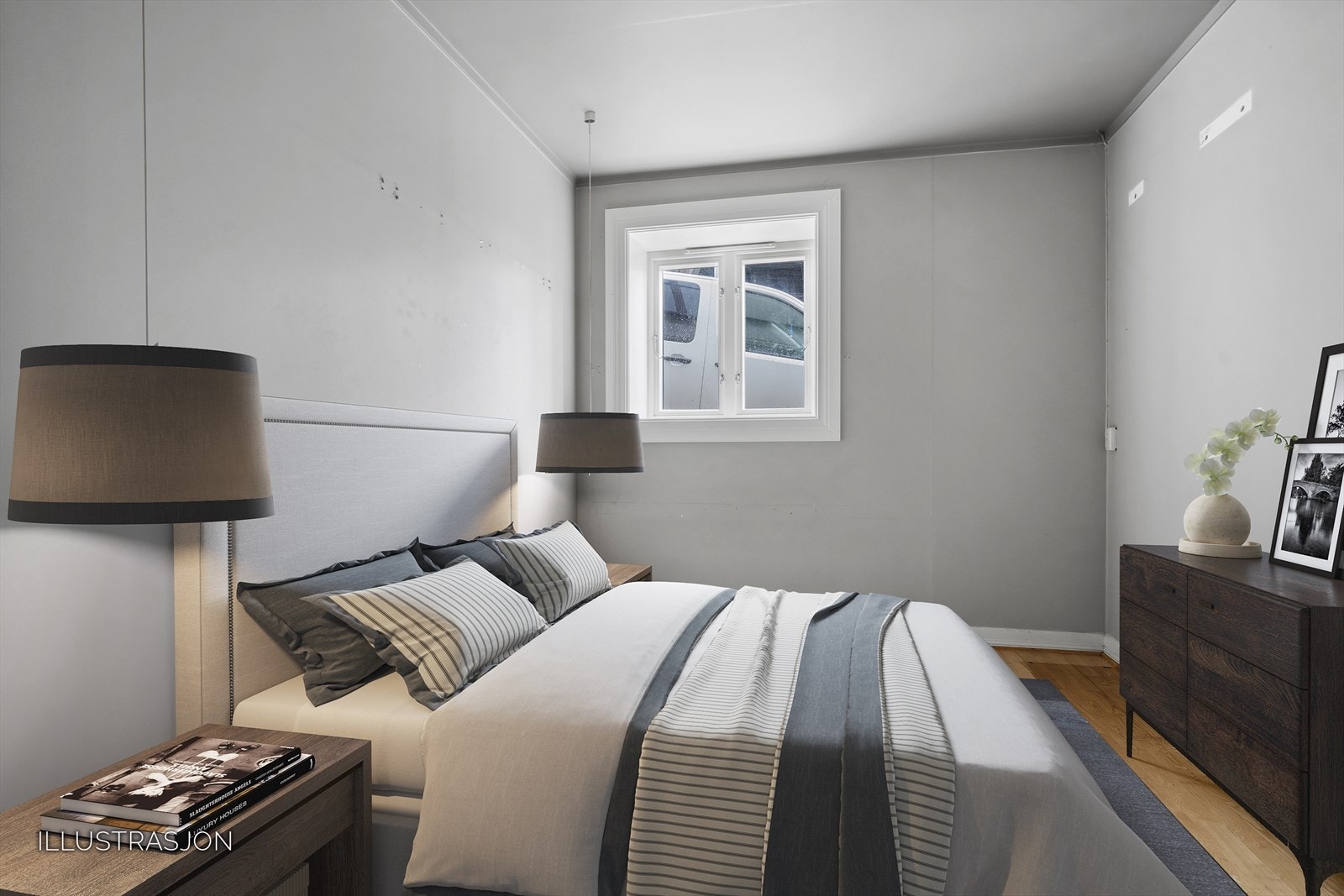 Soverommet har plass til seng og ønsket oppbevaringsmøblement. Rommet er digitalt møblert. Galleribilde