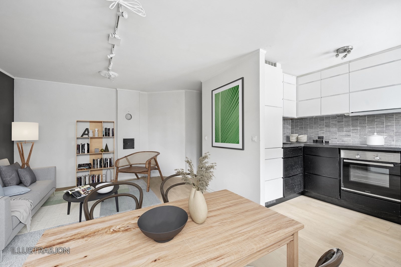 Leiligheten har god plass til både sofagruppe og spisebord. Rommet er digitalt innredet. Galleribilde