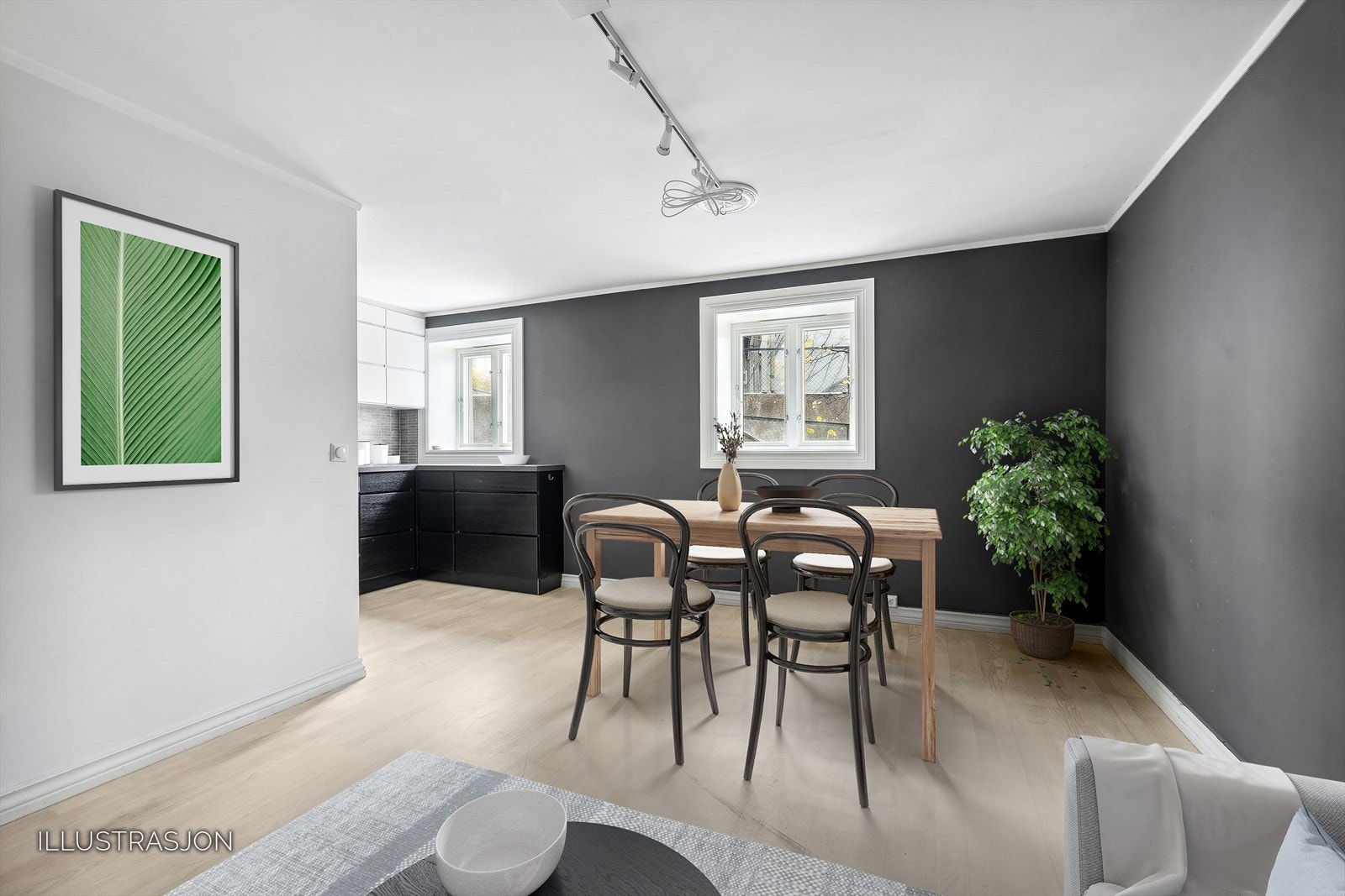 God plass til ønsket møblering. Rommet er digitalt innredet. Galleribilde